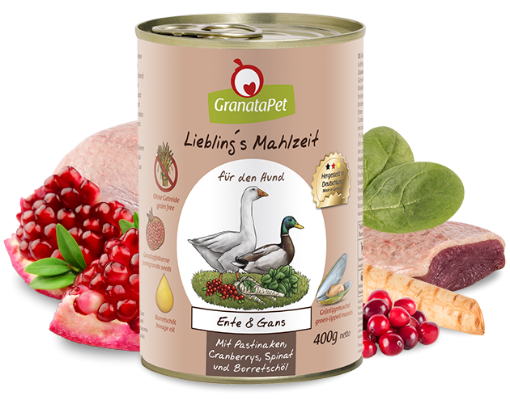 GRANATAPET UMIDO grain free ANATRA E OCA CON PASTINACA, MIRTILLI ROSSI, SPINACI E FORMAGGIO OLIO DI BORRAGINE LIEBLING's MAHLZEIT 800 GR 