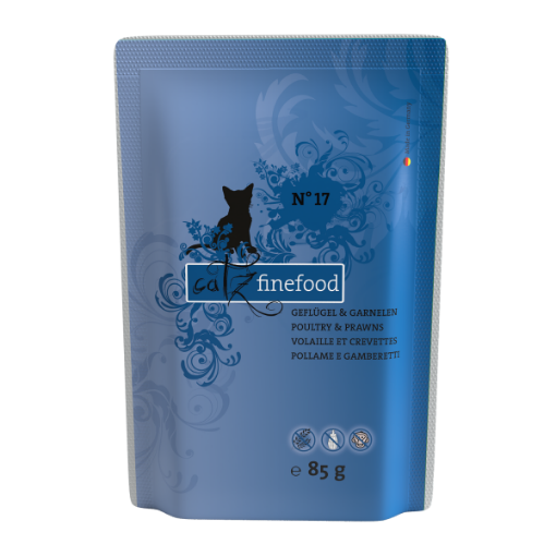 CATZ FINEFOOD POLLO e GAMBERETTI MIRTILLI e ALGHE N. 17 UMIDO GATTO  COMPLETO 85 GR. BUSTINA