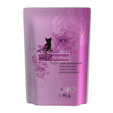 CATZ FINEFOOD AGNELLO, CONIGLIO MIRTILLI CAROTE N.11 UMIDO GATTO  COMPLETO 85 GR. BUSTINA