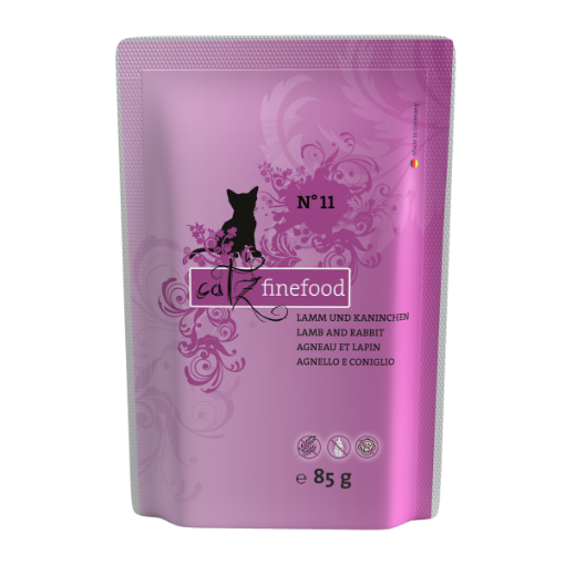 CATZ FINEFOOD AGNELLO, CONIGLIO MIRTILLI CAROTE N.11 UMIDO GATTO  COMPLETO 85 GR. BUSTINA
