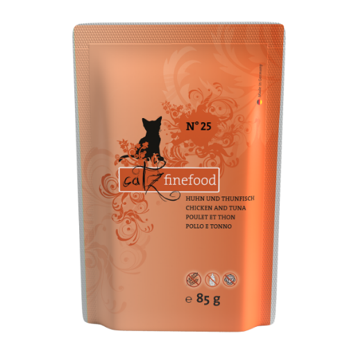 CATZ FINEFOOD POLLO TONNO e CAMOMILLLA N. 25 UMIDO GATTO  COMPLETO 85 GR. BUSTINA