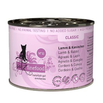 CATZ FINEFOOD AGNELLO, CONIGLIO MIRTILLI CAROTE N.11 UMIDO GATTO  COMPLETO 200 GR. Lattina