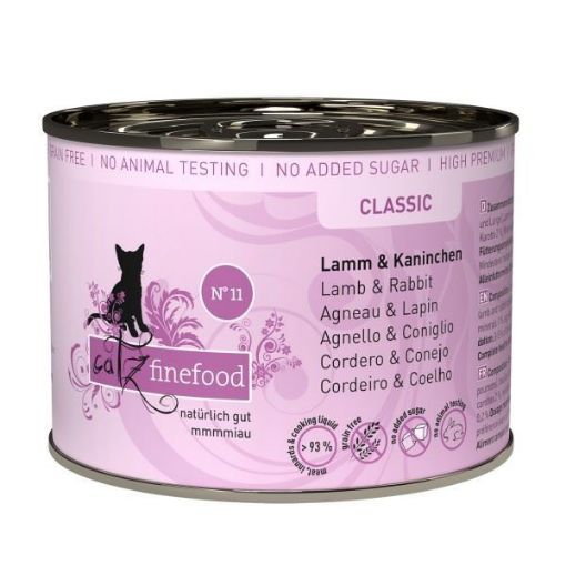 CATZ FINEFOOD AGNELLO, CONIGLIO MIRTILLI CAROTE N.11 UMIDO GATTO  COMPLETO 200 GR. Lattina