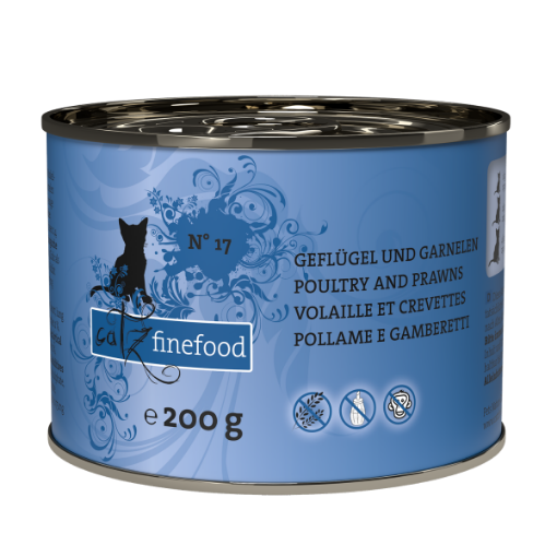 CATZ FINEFOOD POLLO e GAMBERETTI MIRTILLI ALGHE N. 17 UMIDO GATTO  COMPLETO 200 GR. LATTINA