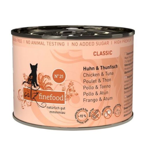 CATZ FINEFOOD POLLO TONNO e CAMOMILLLA N. 25 UMIDO GATTO  COMPLETO 200 GR. LATTINA