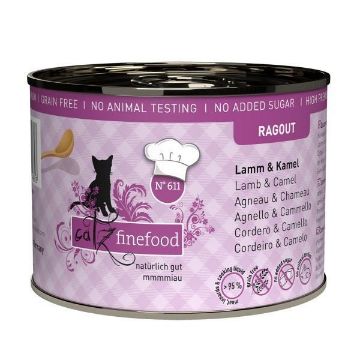 CATZ FINEFOOD linea RAGOUT AGNELLO E CAMMELLO con CAROTE  N.611 UMIDO GATTO  COMPLETO 180 GR. Lattina