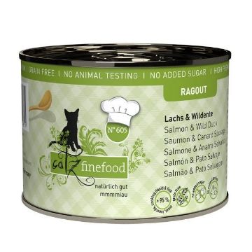 CATZ FINEFOOD linea RAGOUT SALMONE E ANATRA con MELA  N.605 UMIDO GATTO  COMPLETO 180 GR. Lattina