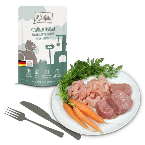 MJAMJAM BUSTUNE QUETSCHIE VITELLO CON TACCHINO E CAROTINE UMIDO GATTO  COMPLETO 125 GR.