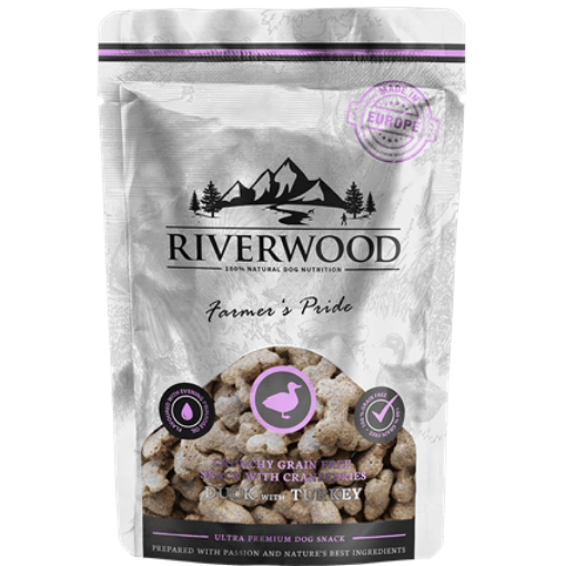 RIVERWOOD CRUNCHY SNACK PREMIETTI al gusto ANATRA TACCHINO CON MIRTILLI ROSSI 200 GR. GRAIN FREE