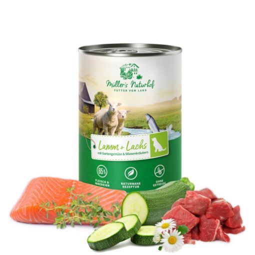 MULLER'S NATURHOF 400 GR  AGNELLO E SALMONE  GRAIN FREE UMIDO CANE  