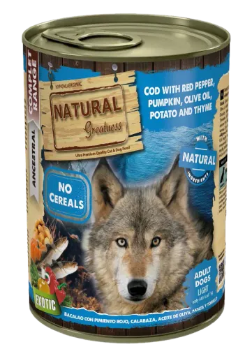 NATURAL GREATNESS UMIDO CON MERLUZZO, PEPERONI, ZUCCA, PATATE E TIMO 390 GR