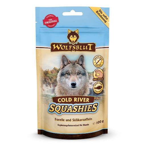 WOLFSBLUT SQUASHIES COLD RIVER AL PESCE  SOFT SNACK PREMIETTI   100 GR. GRAIN FREE.